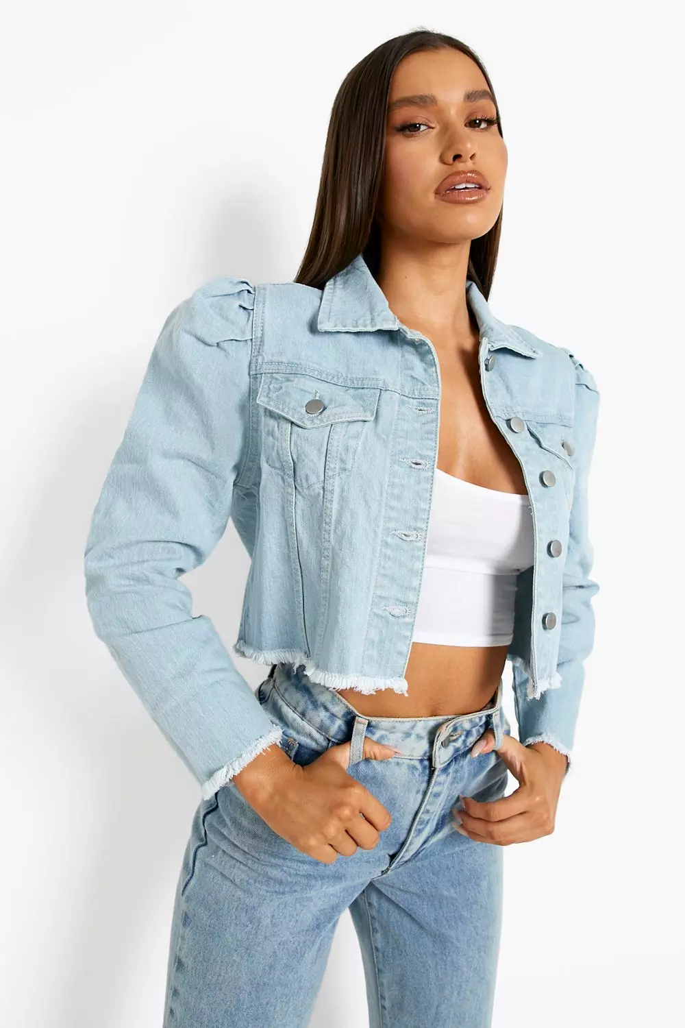 Cropped denim jacket 2024 with puff sleeves